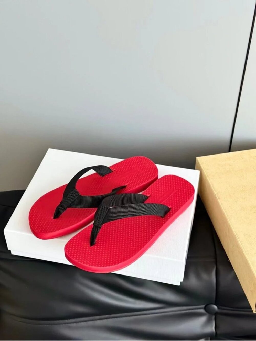 The Row Red Flip Flop Sandals with Black Straps